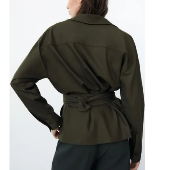 Zara Belted Pocket Blazer Jacket Tie Waist Khaki Size XS - Picture 2 of 12